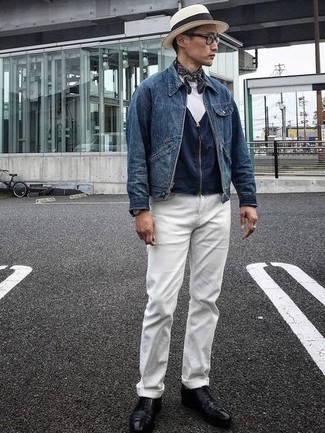 Какие куртки без рукавов носить с белыми джинсами мужчине