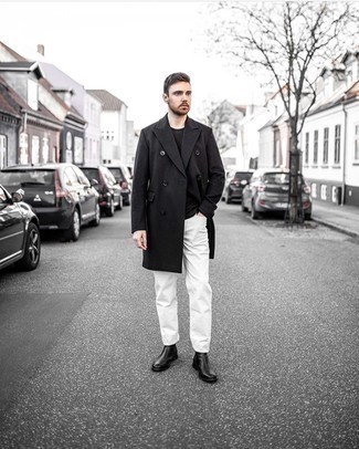 Какие длинные пальто носить с белыми джинсами