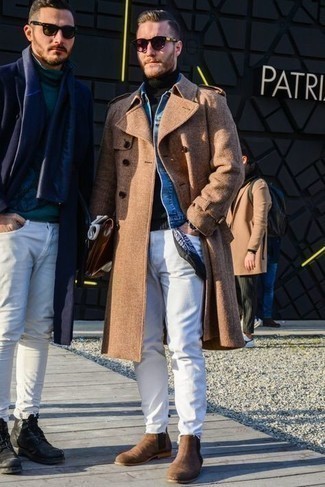 Какие длинные пальто носить с белыми джинсами