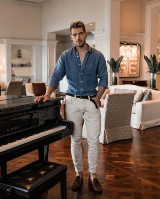 Какие лоферы с кисточками носить с белыми джинсами