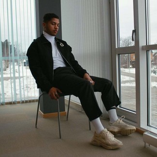 Как носить белую водолазку с черной курткой харрингтон