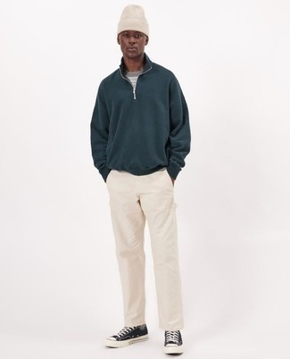 Как носить свитер с воротником на молнии с низкими кедами мужчине