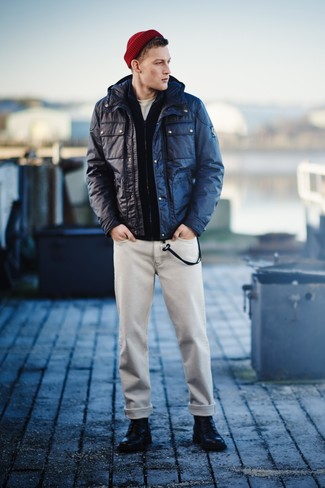 Как носить свитер на молнии с повседневными ботинками мужчине