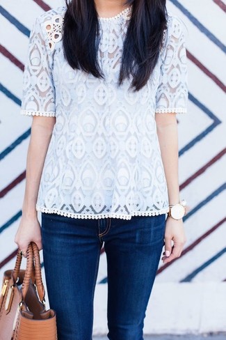 Женская белая кружевная футболка с круглым вырезом от AG Jeans