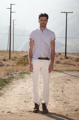 Мужская белая рубашка с коротким рукавом в вертикальную полоску от Aganovich