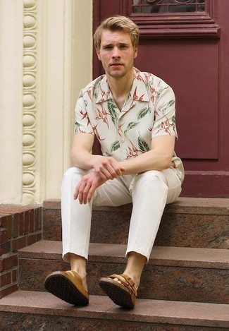 Мужская белая рубашка с коротким рукавом с цветочным принтом от Orian
