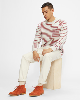 С чем носить бело-красную футболку мужчине: Бело-красная футболка и белые джинсы — стильный выбор мужчин, которые никогда не сидят на месте. Любишь эксперименты? Заверши ансамбль оранжевыми замшевыми ботинками дезертами.