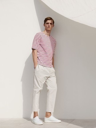 Мужская бело-красная футболка с круглым вырезом в горизонтальную полоску от Calvin Klein 205W39nyc