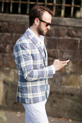 Мужской бело-синий пиджак в шотландскую клетку от Tagliatore