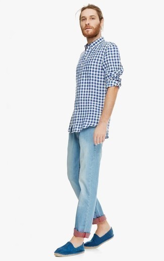 Мужская бело-синяя рубашка с длинным рукавом в мелкую клетку от Tom Ford