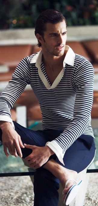 Мужская бело-темно-синяя футболка-поло в горизонтальную полоску от Prada