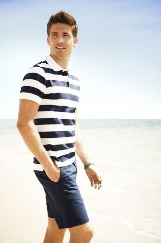 Мужская бело-темно-синяя футболка-поло в горизонтальную полоску от Prada