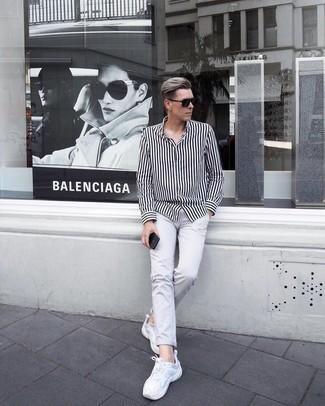 Мужская бело-черная рубашка с длинным рукавом от Dolce & Gabbana