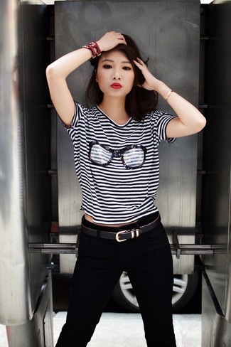 Женская бело-черная футболка с круглым вырезом в горизонтальную полоску от Alexander Wang