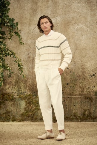 Мужской белый свитер с круглым вырезом в горизонтальную полоску от Rossignol