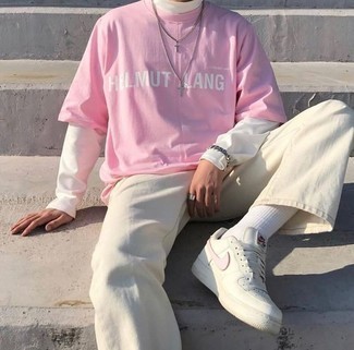 Мужские бело-розовые кожаные низкие кеды от Veja