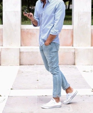 Мужская голубая рубашка с длинным рукавом в вертикальную полоску от Mp Massimo Piombo