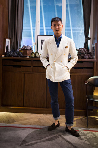 Мужской белый льняной двубортный пиджак от Brunello Cucinelli