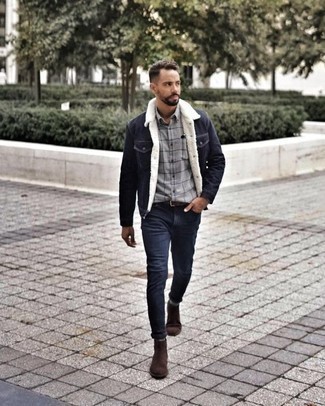 Какие джинсовые куртки носить с табачными повседневными ботинками мужчине: Тандем джинсовой куртки и темно-синих джинсов поможет составить нескучный мужской образ в непринужденном стиле. И почему бы не добавить в этот лук на каждый день чуточку консерватизма с помощью табачных повседневных ботинок?