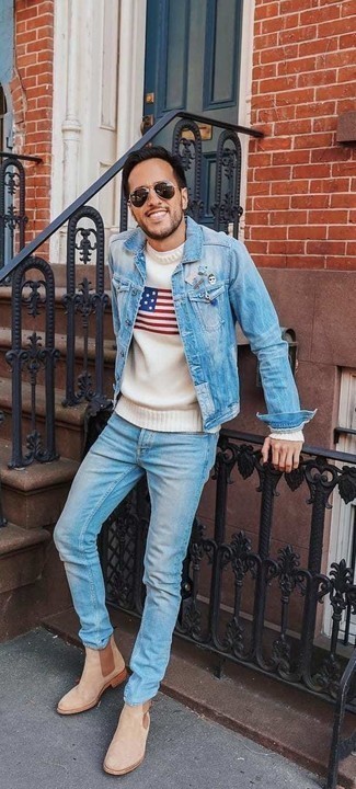 Как носить джинсовую куртку с джинсами мужчине: Джинсовая куртка и джинсы великолепно подходят для создания городского образа как для будничных, так и для выходных дней. Завершив лук бежевыми замшевыми ботинками челси, можно привнести в него немного привлекательного консерватизма.