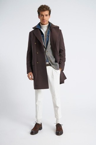 Какие пиджаки носить с коричневым длинным пальто: Сочетание коричневого длинного пальто и пиджака позволит создать незабываемый мужской лук. В паре с этим луком прекрасно будут выглядеть темно-коричневые замшевые туфли дерби.