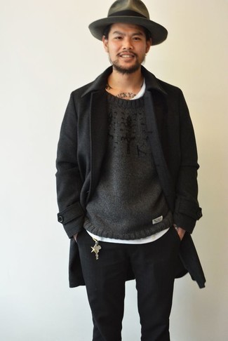 Мужской темно-серый свитер с круглым вырезом с принтом от Saint Laurent