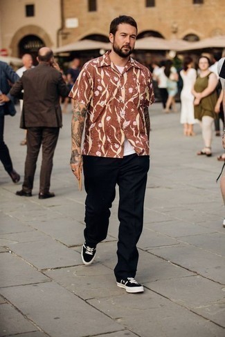 Мужская коричневая рубашка с коротким рукавом с принтом от Uma Wang