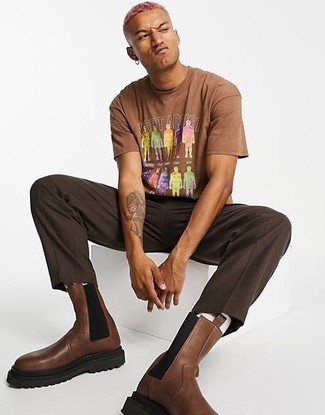 Мужская коричневая футболка с круглым вырезом с принтом от Heron Preston