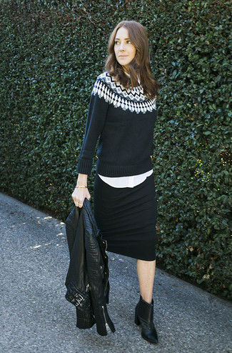 Женский черный свитер с круглым вырезом с жаккардовым узором от N°21