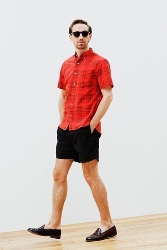 Мужская красная рубашка с коротким рукавом в шотландскую клетку от R13