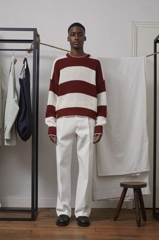 Мужской темно-красный свитер с круглым вырезом в горизонтальную полоску от Prada