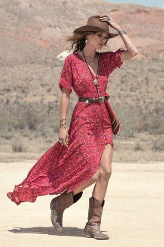 С чем носить ковбойские сапоги женщине в жару в спортивном стиле: Если в одежде ты ценишь удобство и практичность, красное платье-макси с цветочным принтом — замечательный выбор для стильного повседневного образа. Почему бы не добавить в этот ансамбль толику авантюрности с помощью ковбойских сапог?