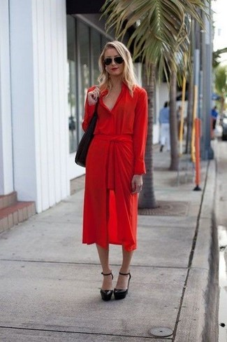 Модный лук: красное платье-рубашка, черные кожаные туфли, черная кожаная большая сумка, черные солнцезащитные очки