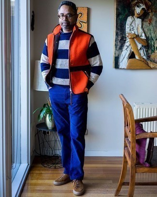 Мужской темно-сине-белый свитер с круглым вырезом в горизонтальную полоску от Neil Barrett