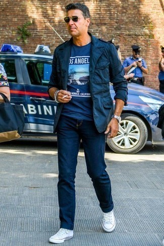 Мужская темно-синяя футболка с круглым вырезом с принтом от Drôle De Monsieur
