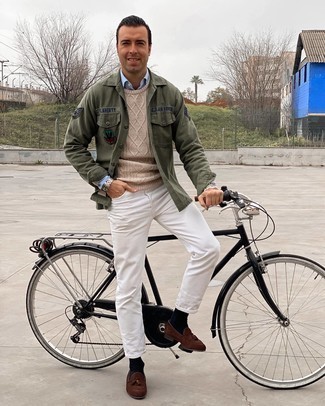 Мужская оливковая куртка-рубашка с вышивкой от Dolce & Gabbana