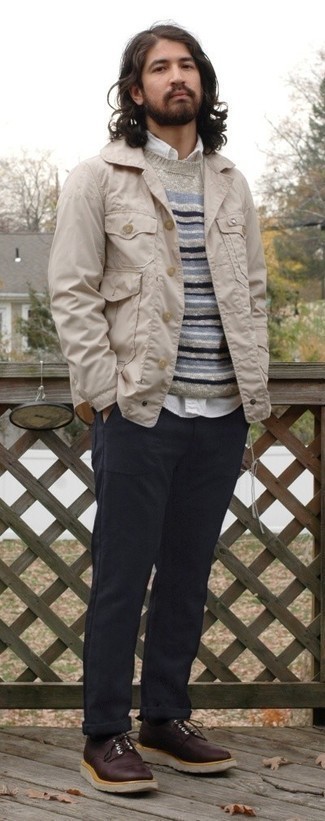 Мужской серый свитер с круглым вырезом в горизонтальную полоску от Ami