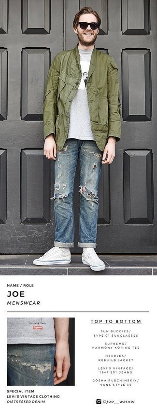 Как носить синие джинсы с бело-черными низкими кедами из плотной ткани в 20 лет мужчине весна в спортивном стиле: Оливковая куртка-рубашка и синие джинсы надежно закрепились в гардеробе многих джентльменов, позволяя составлять незаезженные и стильные ансамбли. Чтобы добавить в образ немного фривольности , на ноги можно надеть бело-черные низкие кеды из плотной ткани. Идеальный вариант на весенне-осенний период.