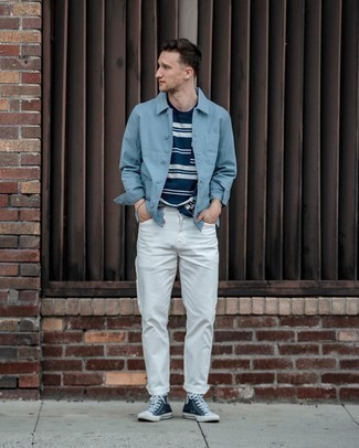 Какие куртки-рубашки носить с синими высокими кедами мужчине: Куртка-рубашка будет выглядеть прекрасно в тандеме с белыми джинсами. Закончи образ синими высокими кедами, если боишься, что он получится слишком зализанным.