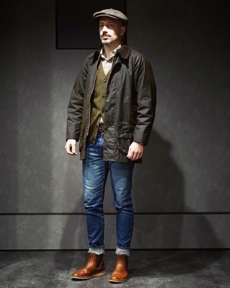 Как носить куртку с воротником и на пуговицах с ботинками челси в 30 лет: Куртка с воротником и на пуговицах в сочетании с темно-синими джинсами — хороший вариант для воплощения мужского ансамбля в стиле смарт-кэжуал. Любители модных экспериментов могут закончить образ ботинками челси, тем самым добавив в него немного элегантности.