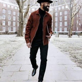 С чем носить черную шерстяную шляпу в 30 лет мужчине осень: Если ты наметил себе суматошный день, сочетание коричневой куртки харрингтон и черной шерстяной шляпы позволит создать функциональный образ в непринужденном стиле. Почему бы не привнести в повседневный образ чуточку изысканности с помощью черных кожаных ботинок челси? Если хочешь выглядеть по-осеннему эффектно и интересно, несомненно стоит взять этот ансамбль на заметку.
