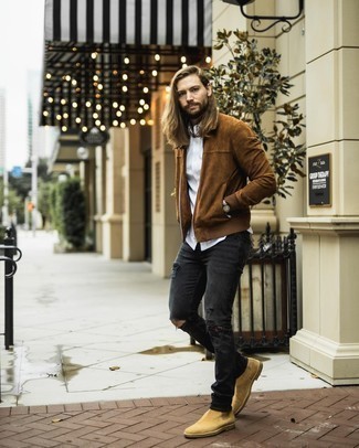Какие джинсы носить с табачной курткой харрингтон: Если ты ценишь комфорт и практичность, табачная куртка харрингтон и джинсы — прекрасный выбор для стильного мужского лука на каждый день. Такой лук обретет свежее прочтение в паре с светло-коричневыми замшевыми ботинками челси.