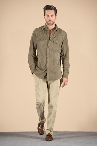 Мужская оливковая рубашка с длинным рукавом от Lardini