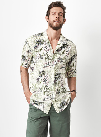 Мужская оливковая рубашка с коротким рукавом с цветочным принтом от Siksilk