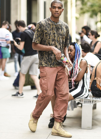 Мужская оливковая футболка с круглым вырезом с камуфляжным принтом от Les Hommes