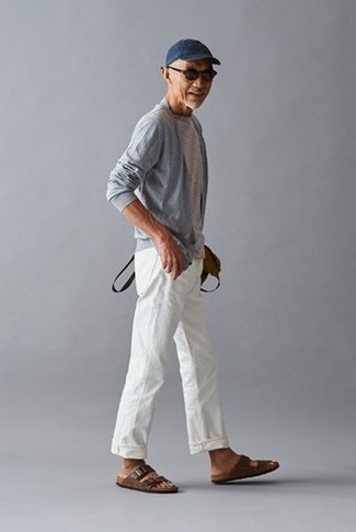 Мужская серая футболка с круглым вырезом в горизонтальную полоску от Ralph Lauren RRL