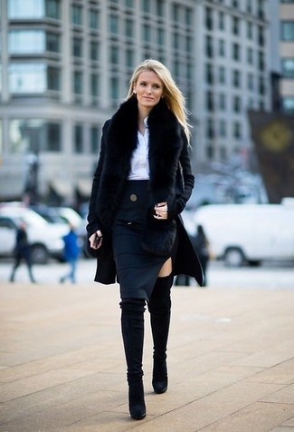 С чем носить юбку в холод: Черное пальто и юбка — необходимые вещи в арсенале дамского пола с отменным чувством стиля. Хочешь сделать наряд немного утонченней? Тогда в качестве обуви к этому наряду, стоит обратить внимание на черные замшевые ботфорты.