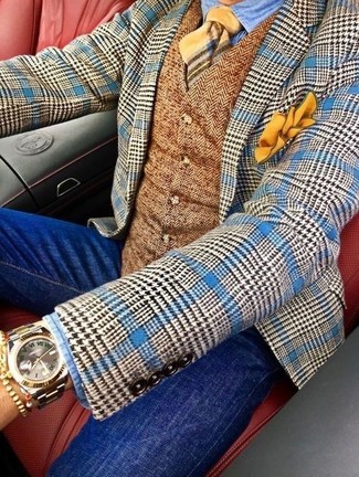 С чем носить коричневое шерстяное пальто в 30 лет мужчине: Коричневое шерстяное пальто и синие зауженные джинсы — превосходное решение для встреч с деловым дресс-кодом.