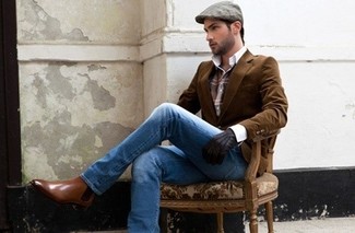 Модный лук: коричневый вельветовый пиджак, коричневая классическая рубашка в шотландскую клетку, голубые джинсы, коричневые кожаные ботинки челси