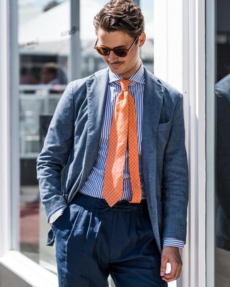 С чем носить оранжевый галстук в клетку мужчине: Несмотря на то, что этот лук довольно классический, сочетание синего пиджака и оранжевого галстука в клетку приходится по вкусу стильным мужчинам, пленяя при этом сердца прекрасных дам.